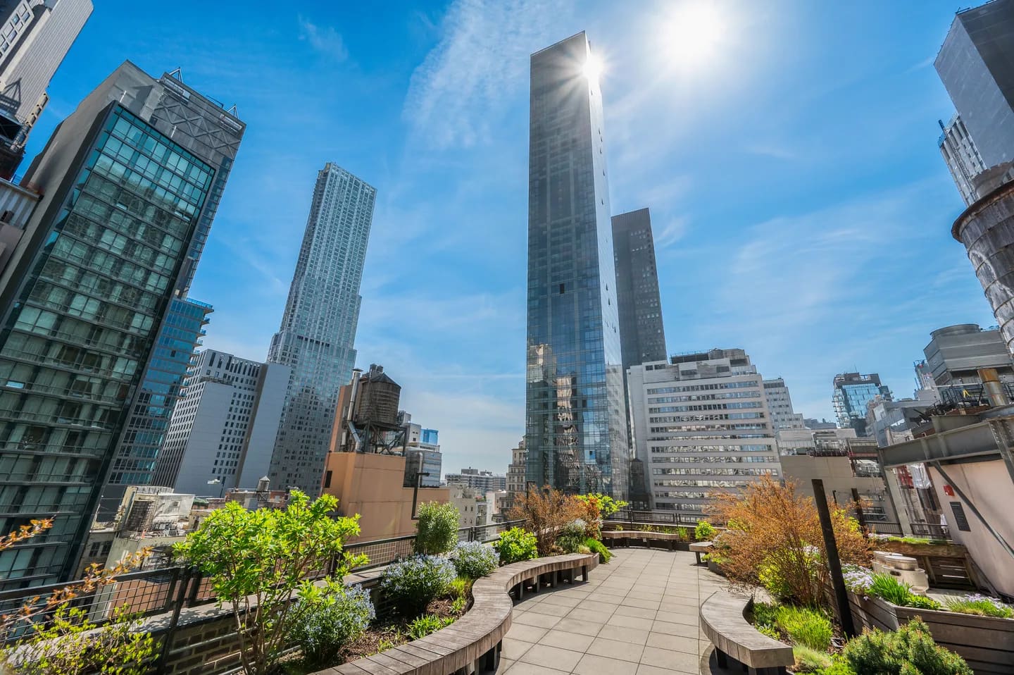 Rooftop terrace with planted trees and seating areas overlooking downtown Manhattan skyscrapers under clear blue sky.