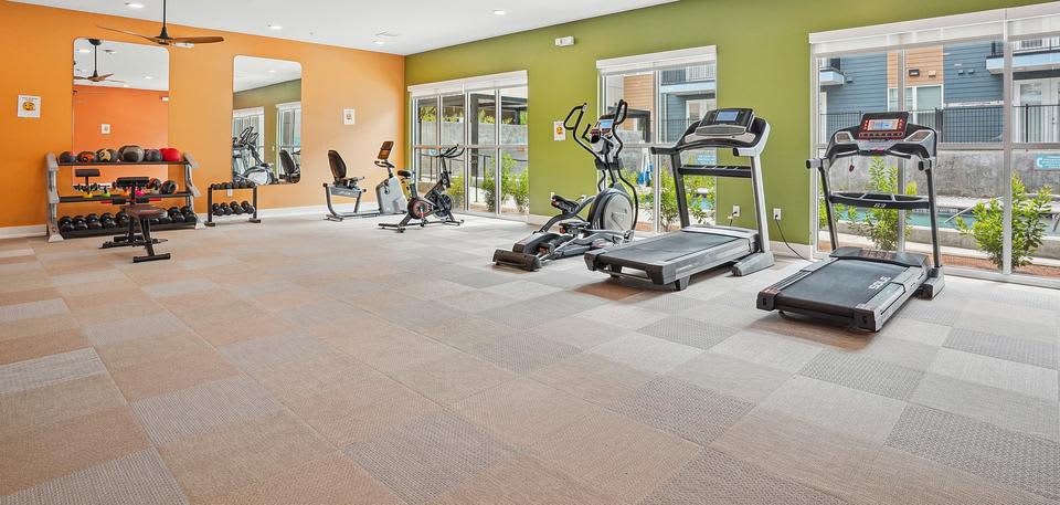 Spacious fitness center with treadmills, exercise bikes, dumbbell rack, and green accent walls with natural light from glass doors.