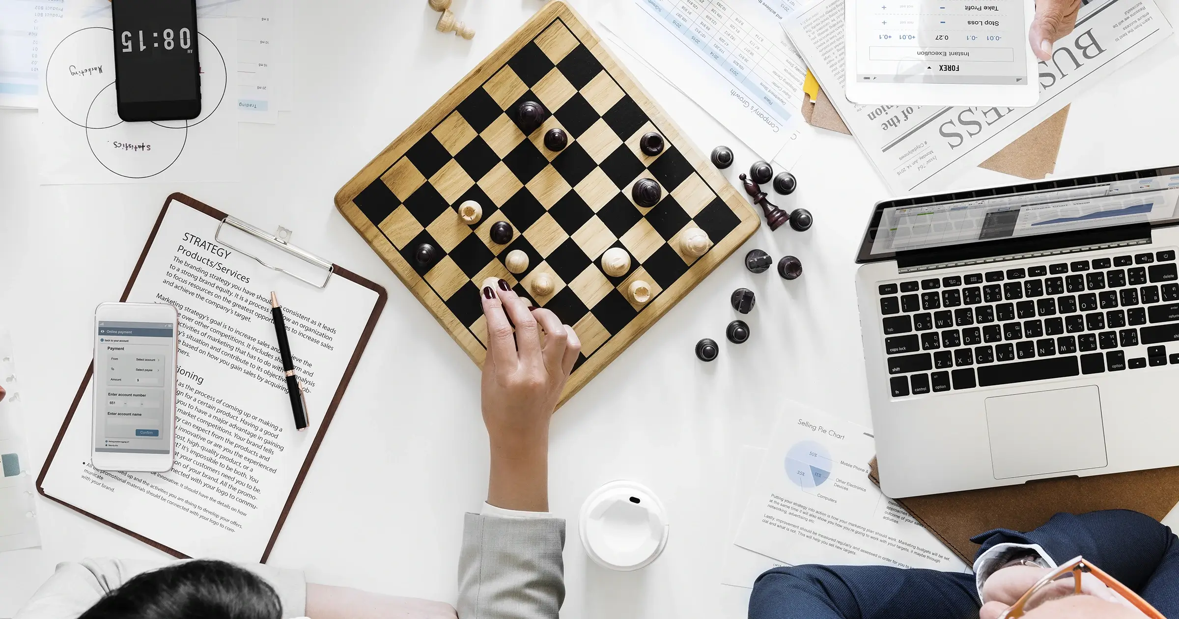 A chess board on a work desk