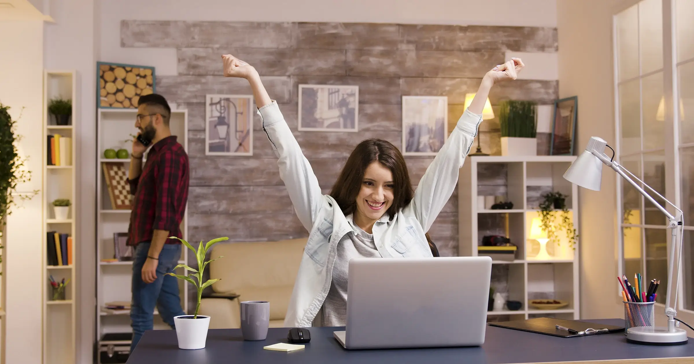 Girl celebrating a big win for her company