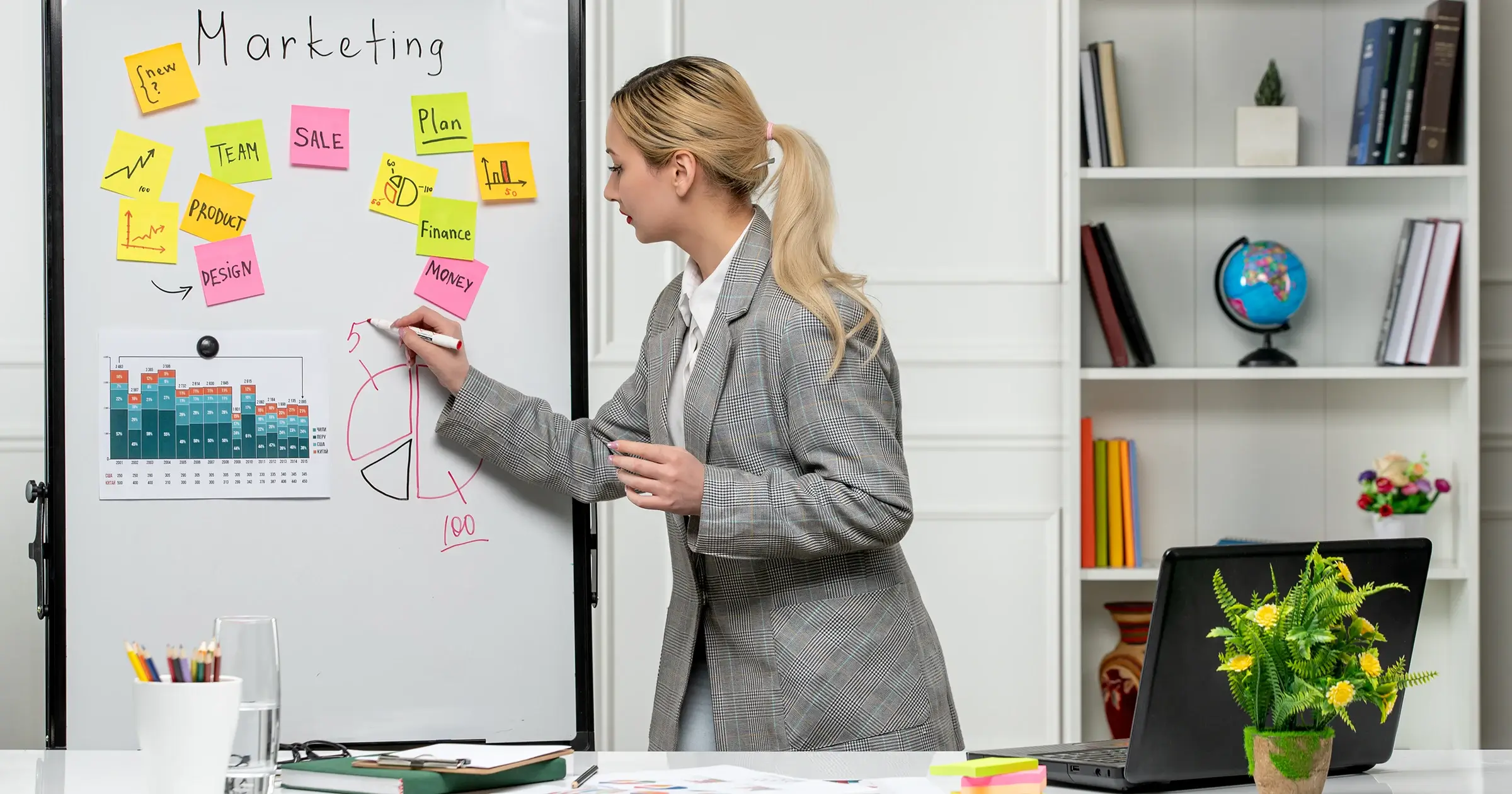 Business coach showing ideas on a whiteboard