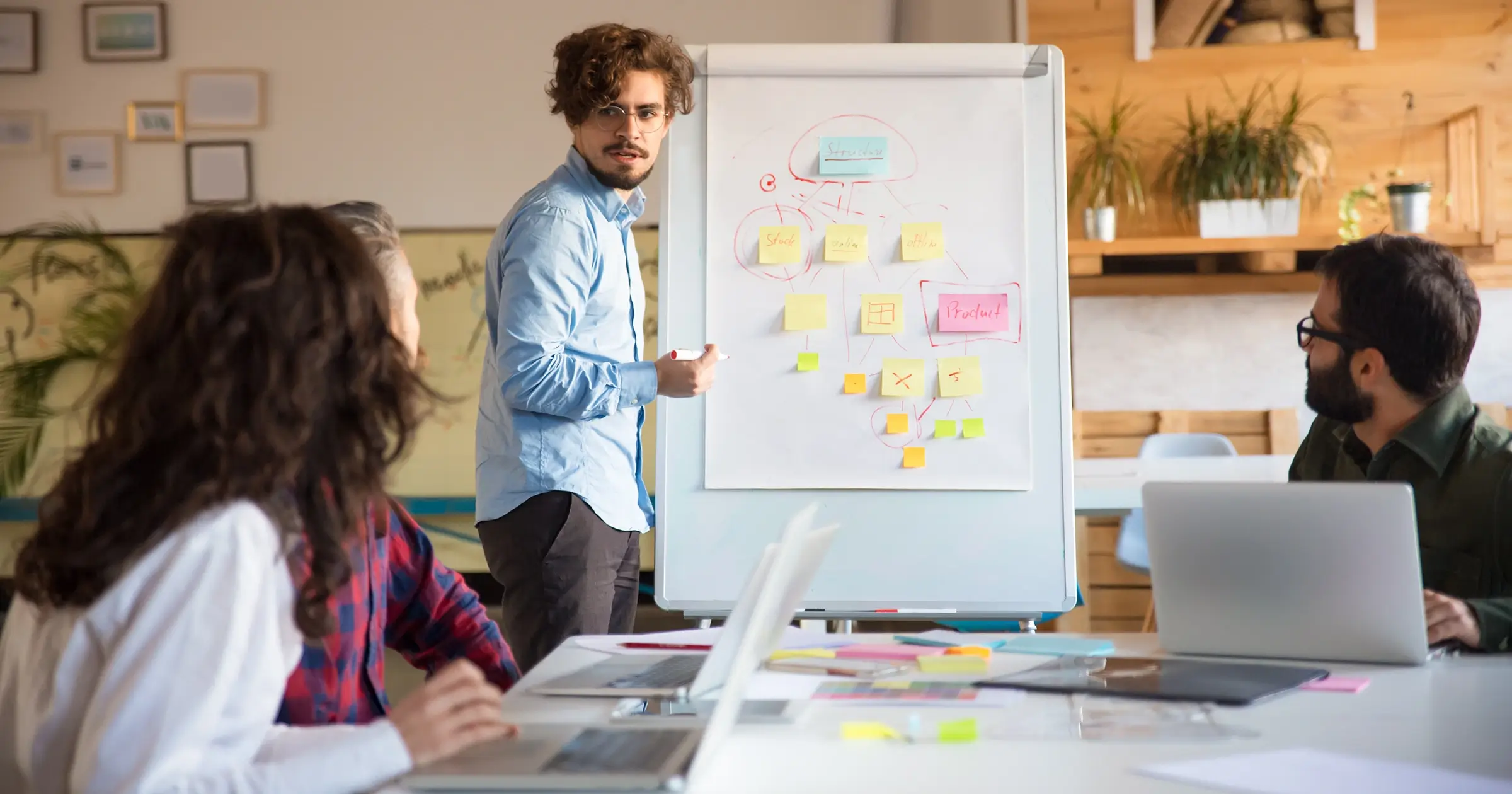 Post its on the board during a creative agency meeting