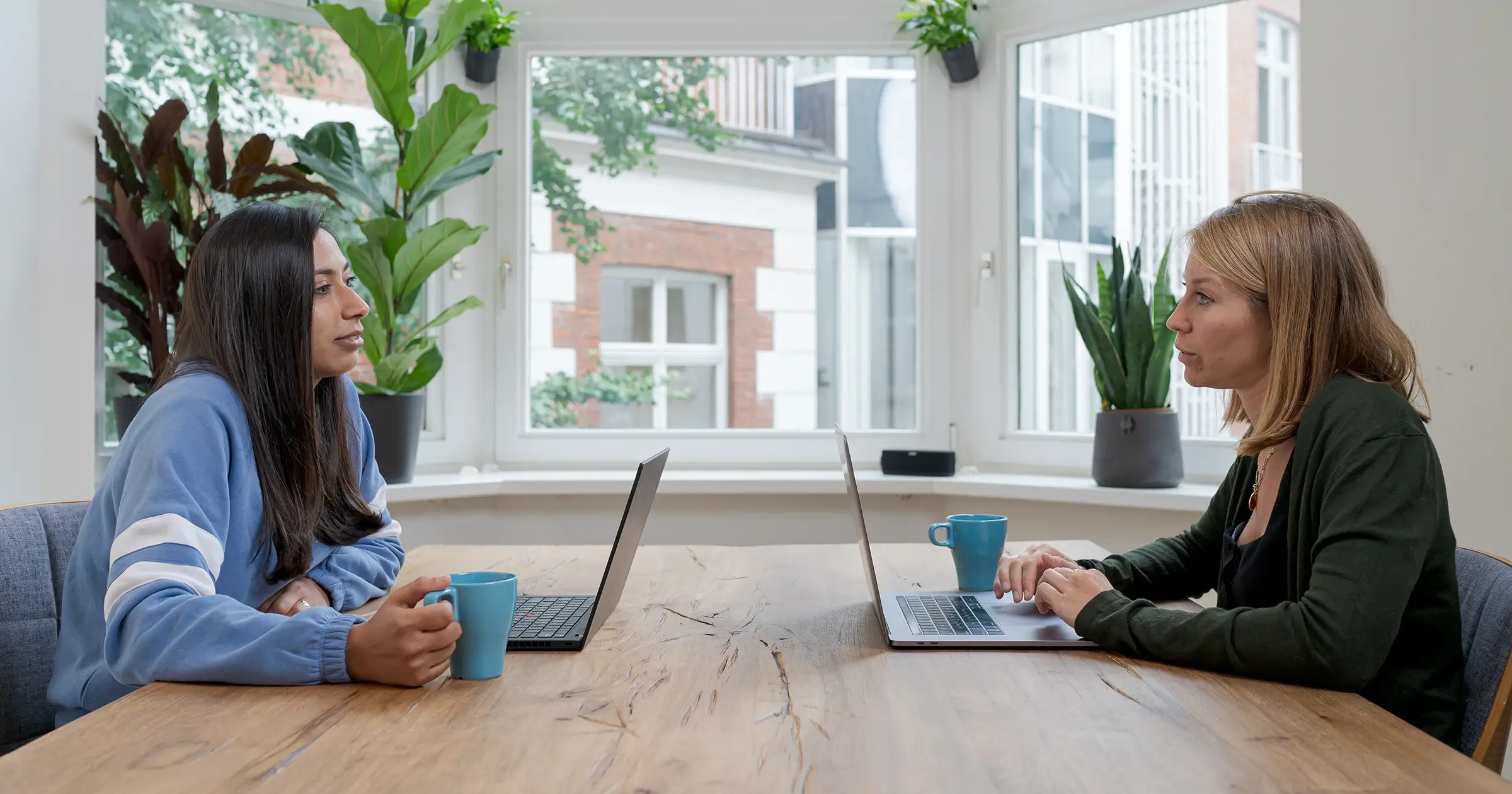 Two women with laptops in front of each other