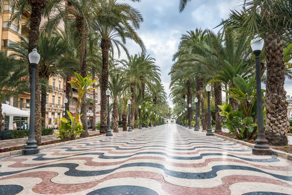 Explanada de España en Alicante centro, con su emblemático suelo de mosaico ondeado rojo, negro y crema junto a hileras de palmeras
