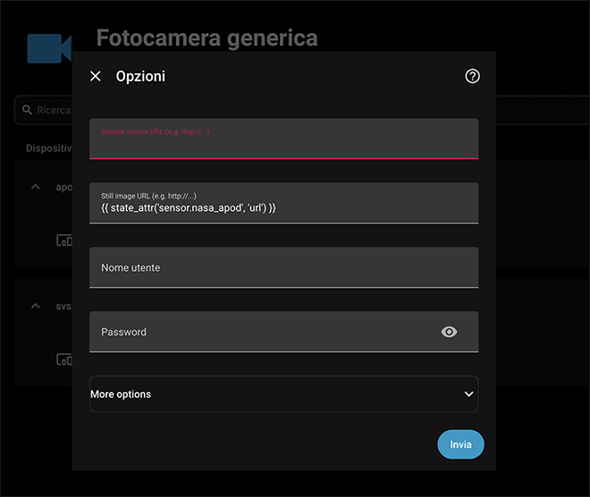 Pannello di configurazione di Generic Camera