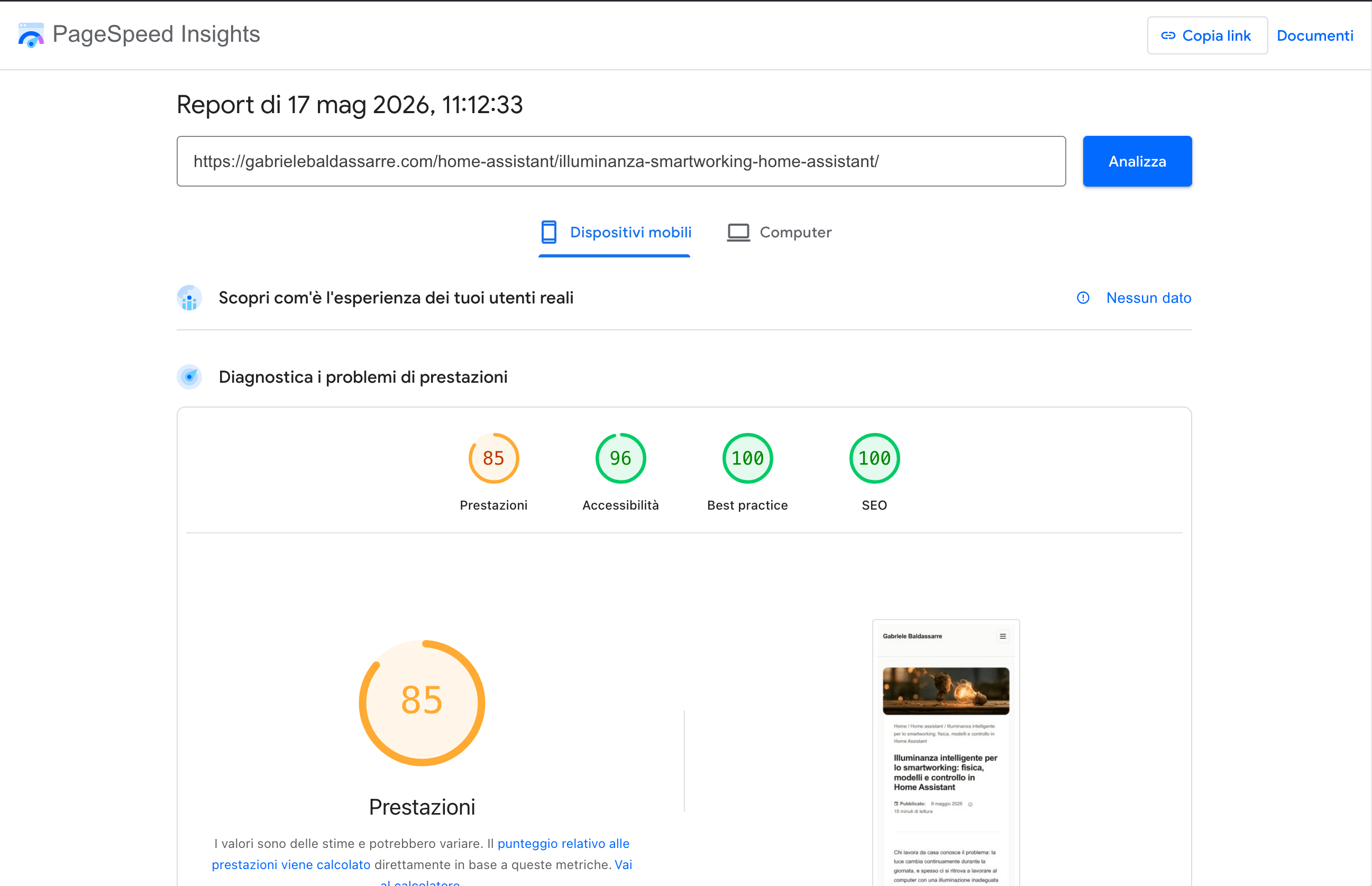Esempio di report Pagespeed Insights