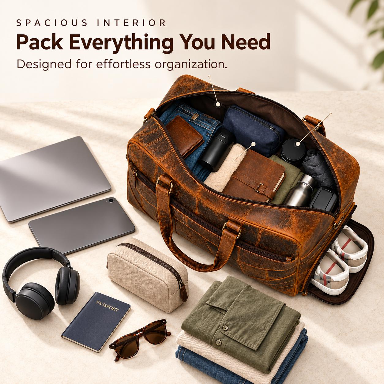 Handmade buffalo leather duffle bag interior