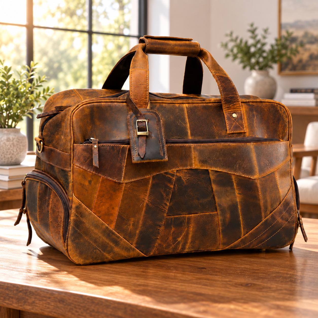 Handmade buffalo leather duffle bag lifestyle