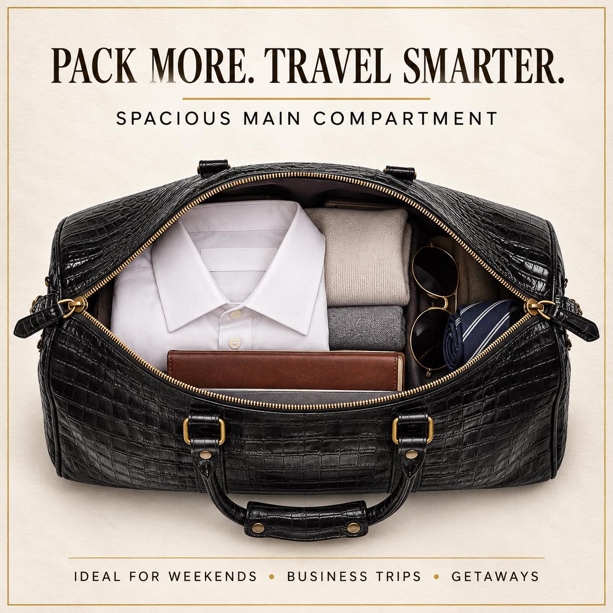 Black leather duffle bag interior
