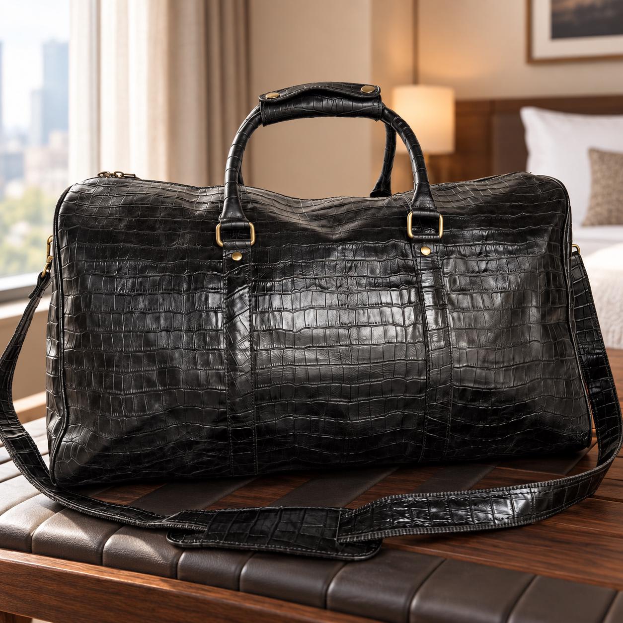 Black leather duffle bag lifestyle