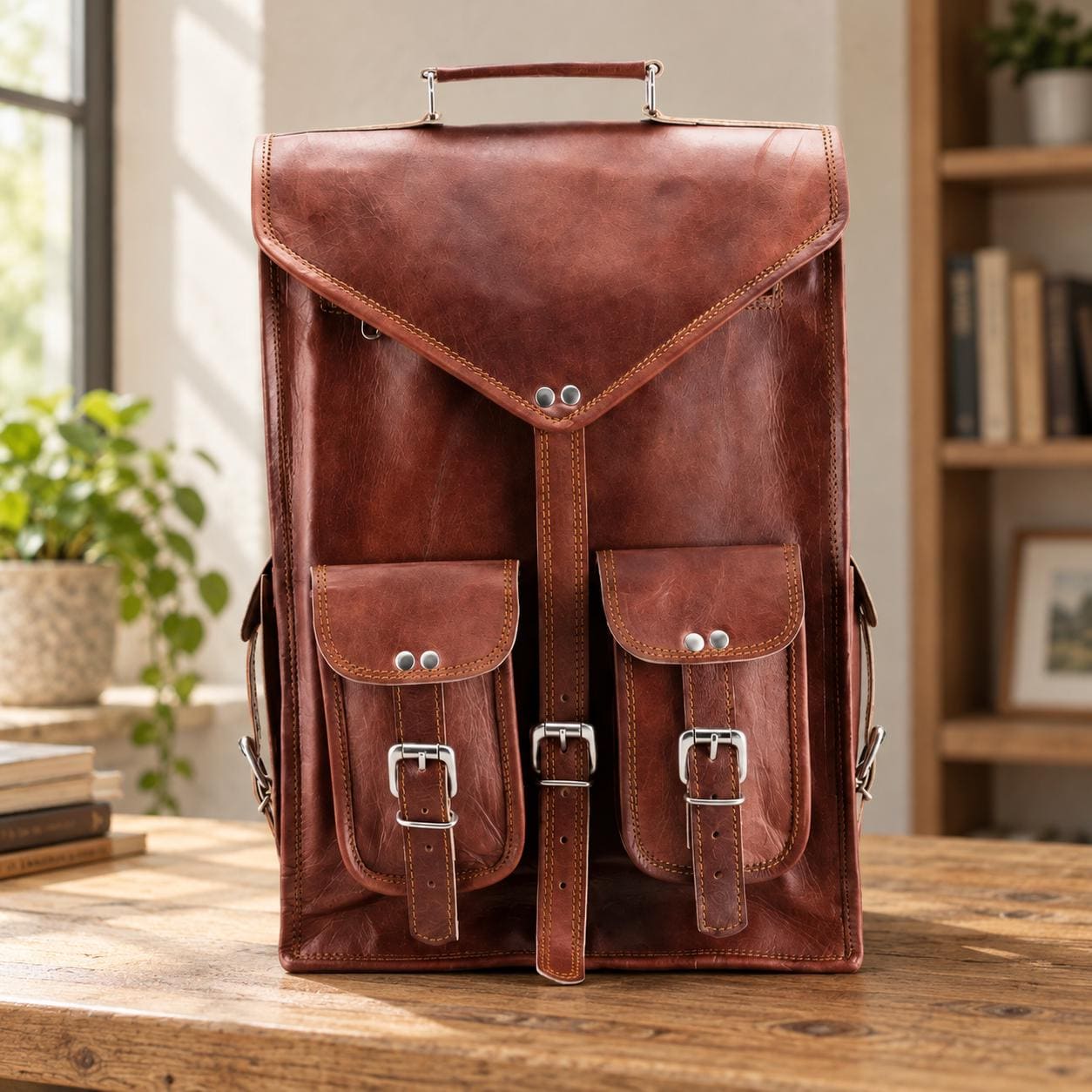 Handmade leather 2-in-1 backpack front pockets