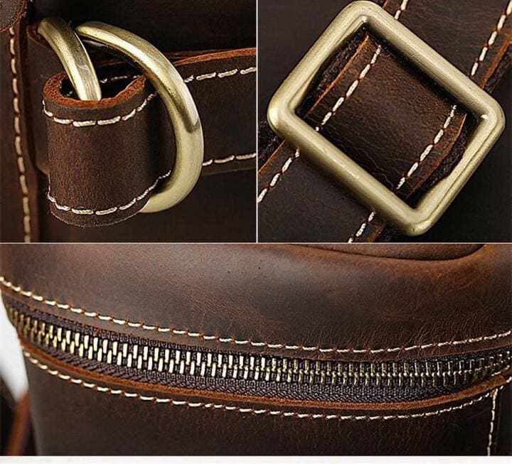 Leather laptop backpack stitching detail