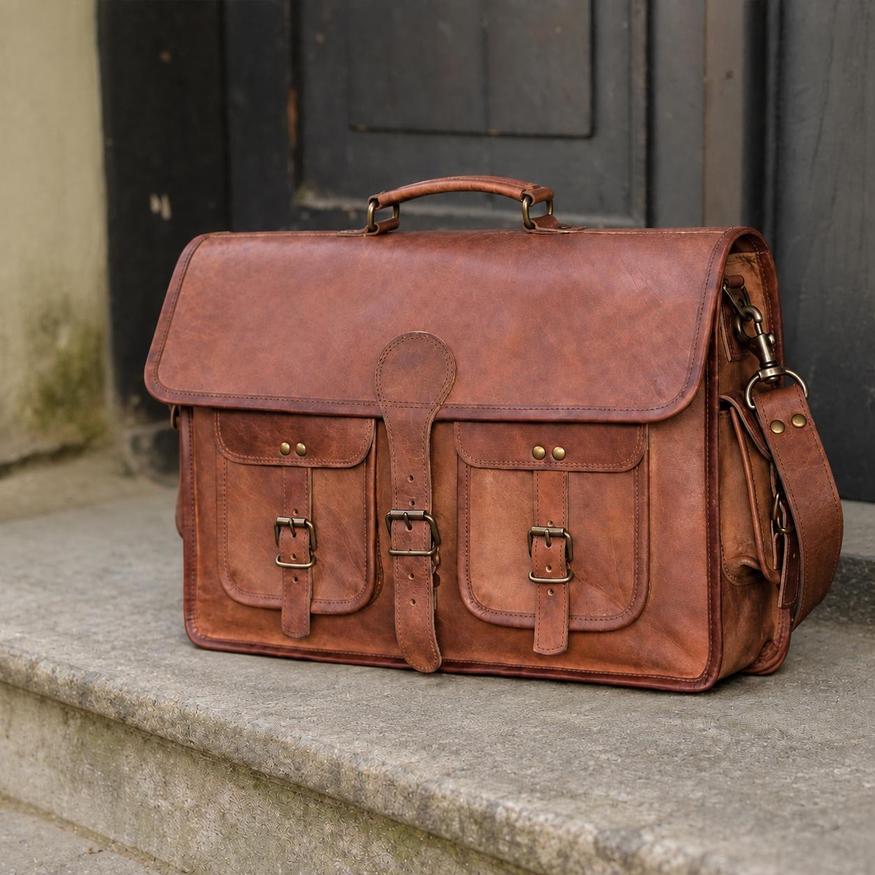 Personalized brown leather laptop messenger bag front view