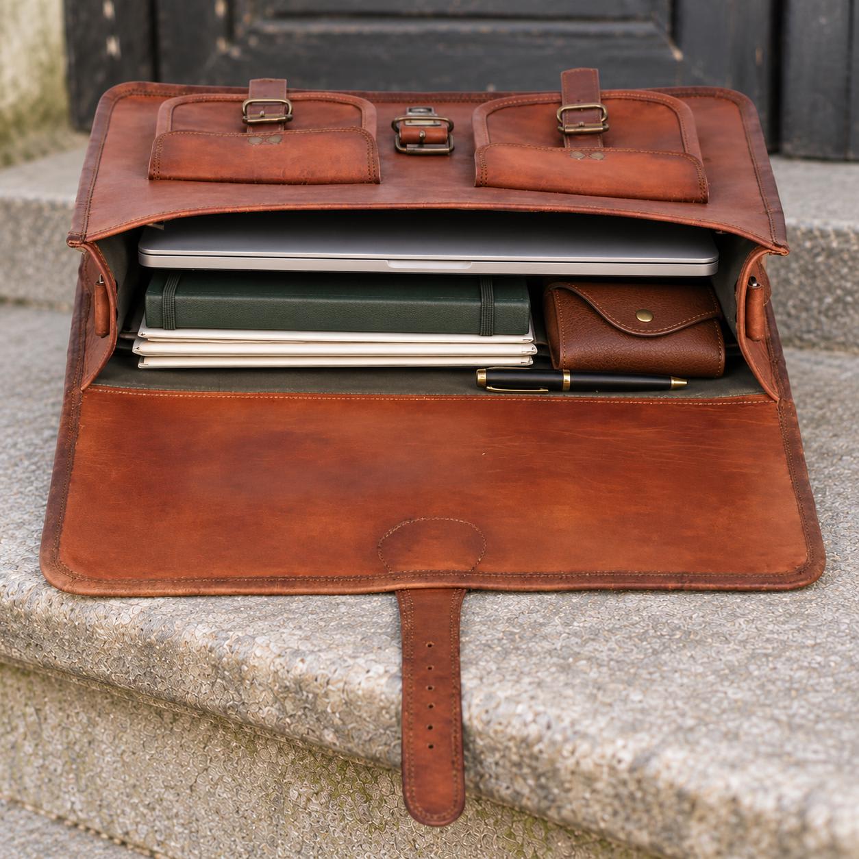 Personalized brown leather laptop messenger bag interior