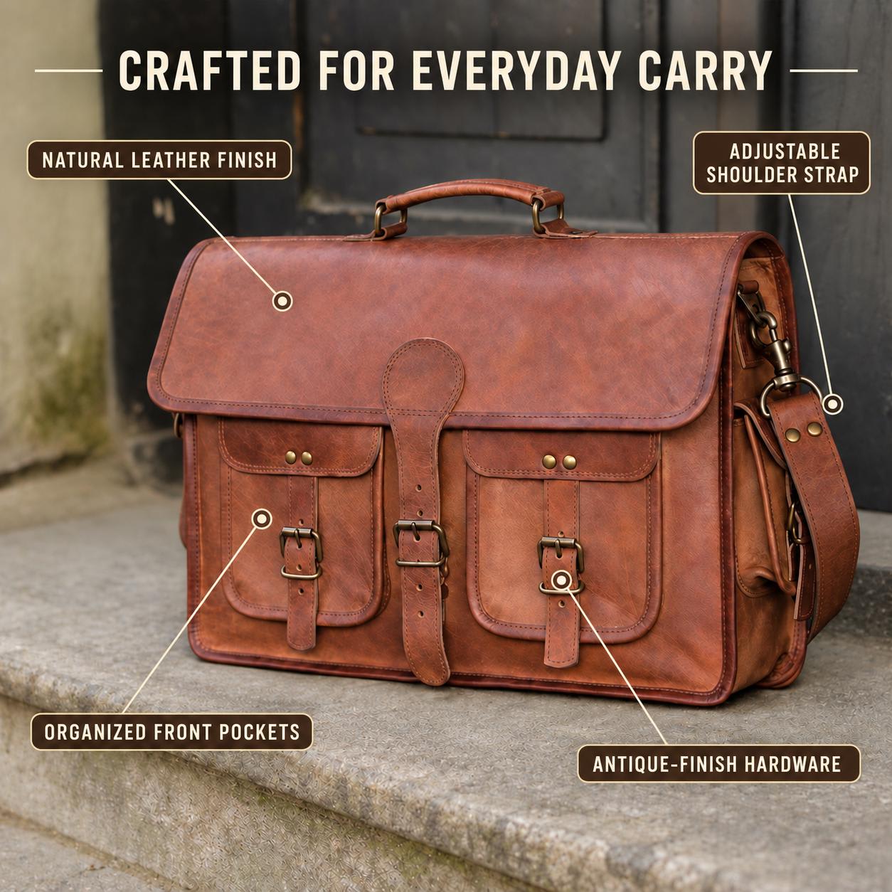 Personalized brown leather laptop messenger bag features