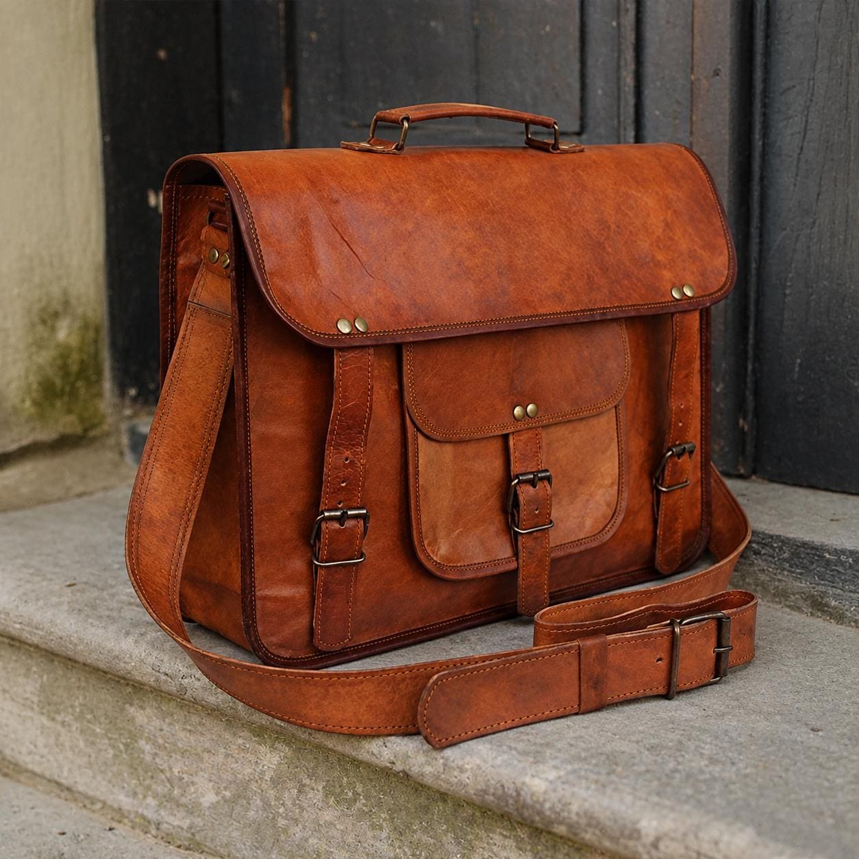 Customised leather laptop messenger bag side angle