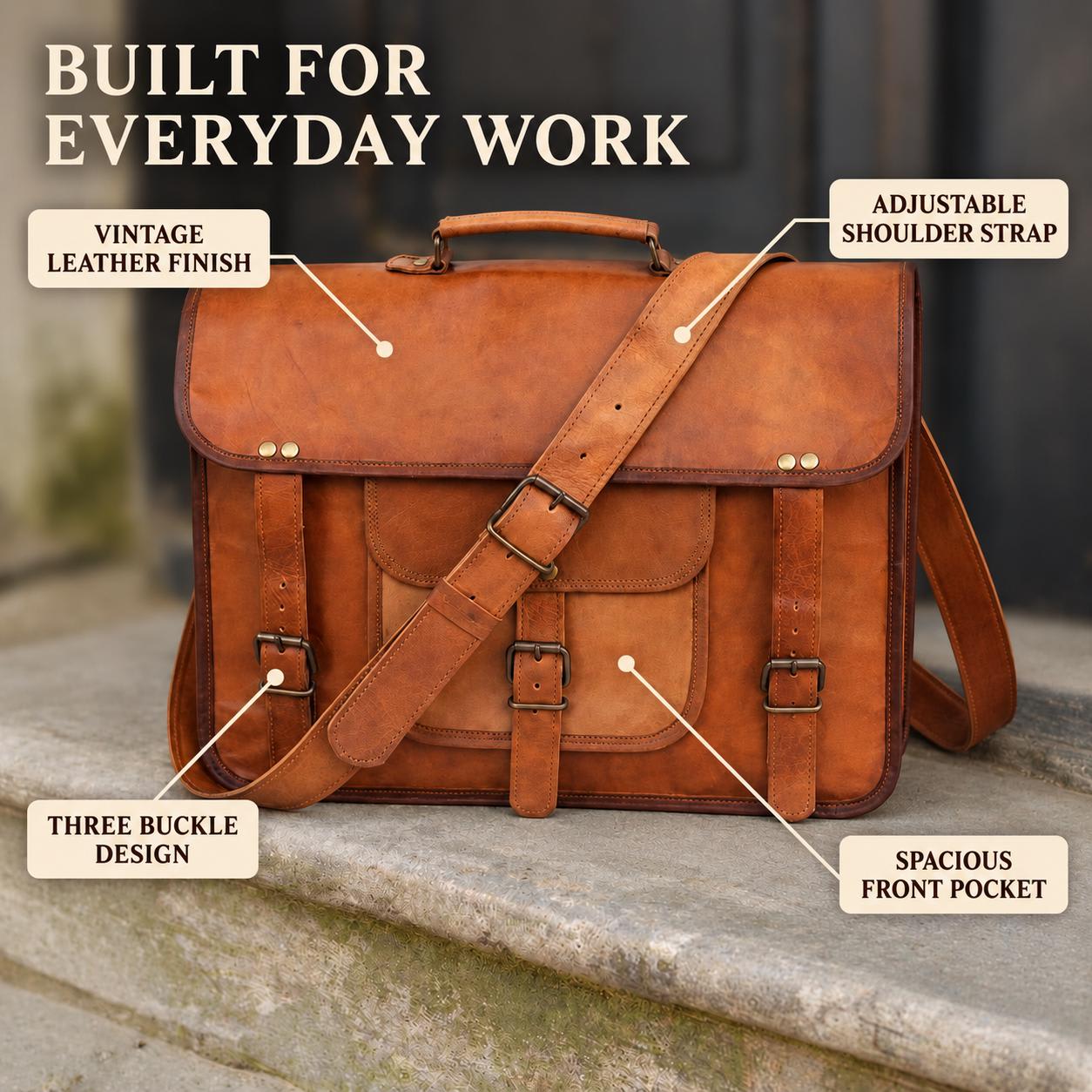 Customised leather laptop messenger bag features
