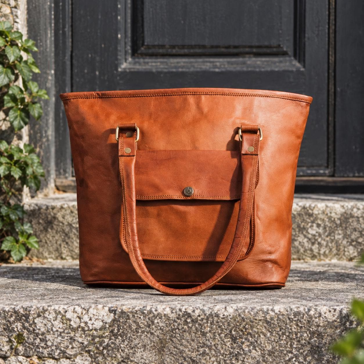 Brown leather tote bag for women front view
