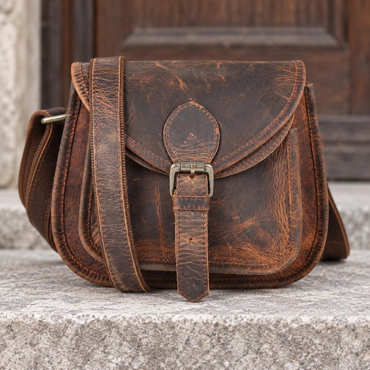 Brown leather crossbody bag front view