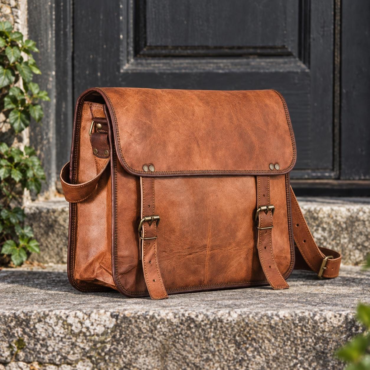 Personalized brown leather laptop messenger bag front view