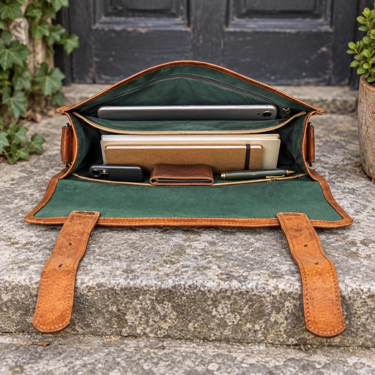 Personalized brown leather laptop messenger bag side angle