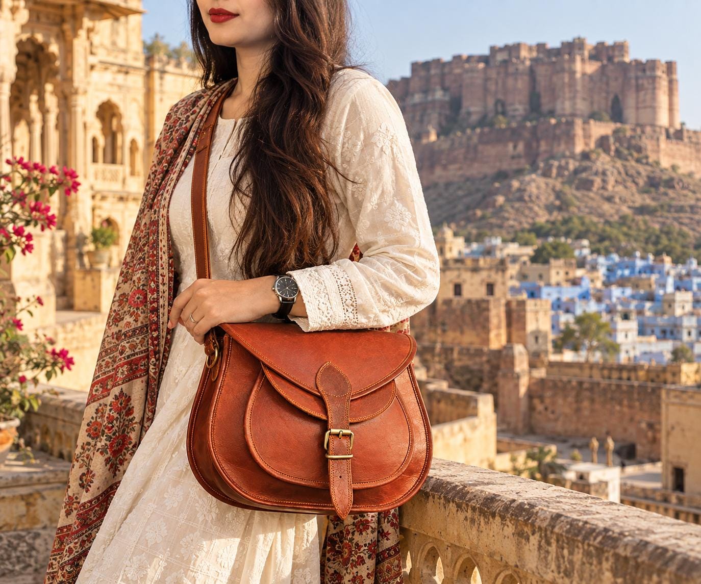 Brown genuine goat leather saddle bag for women interior
