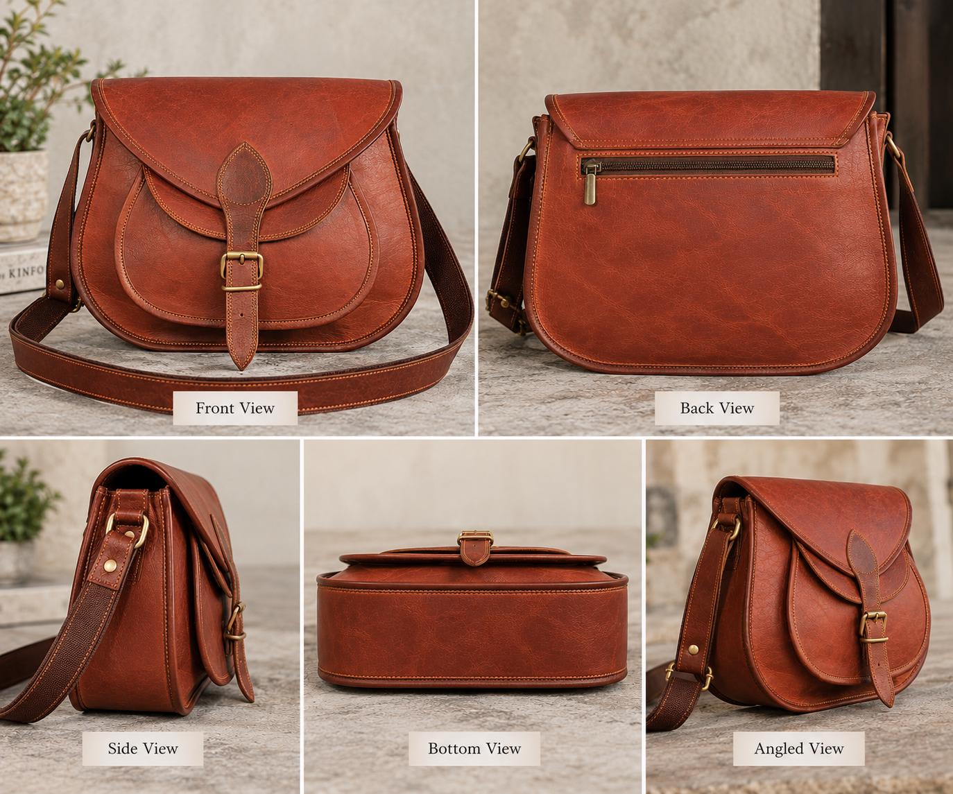 Brown genuine goat leather saddle bag for women lifestyle