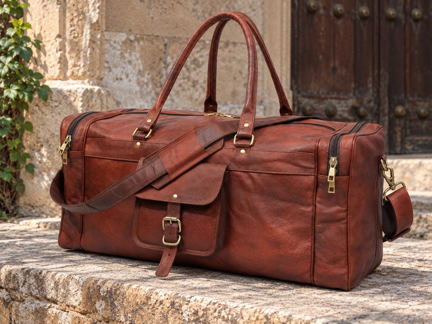 Handcrafted brown genuine goat leather duffel bag front view