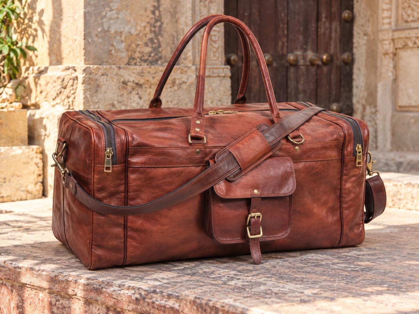 Handcrafted brown genuine goat leather duffel bag interior