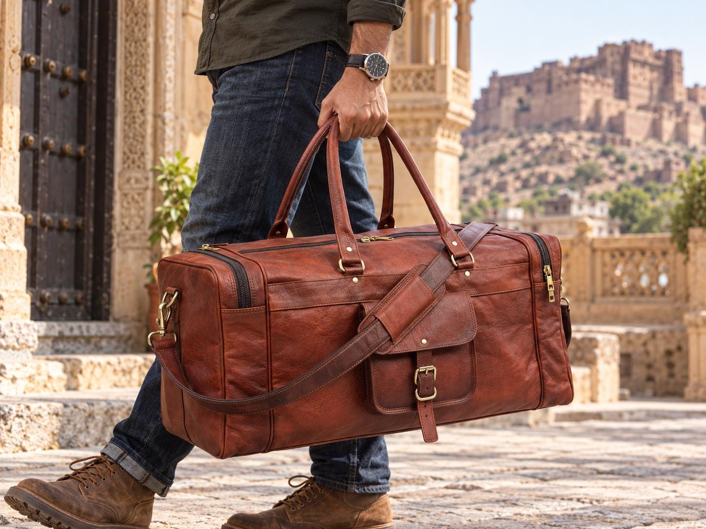 Handcrafted brown genuine goat leather duffel bag lifestyle