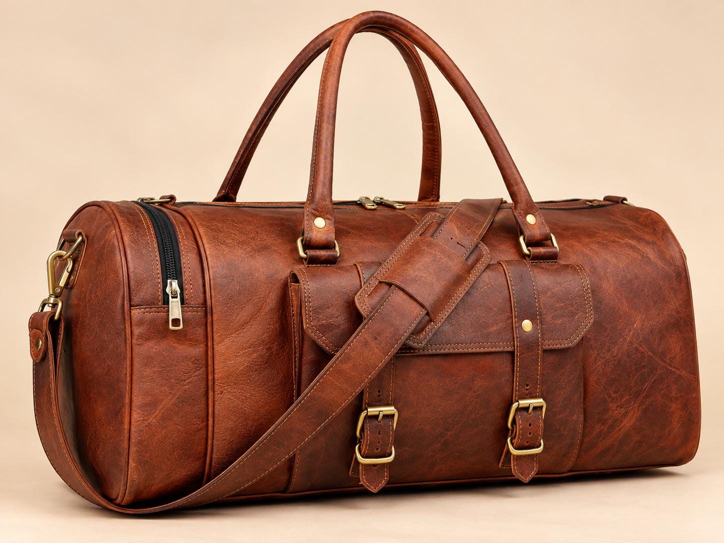 Brown genuine leather duffel bag front view