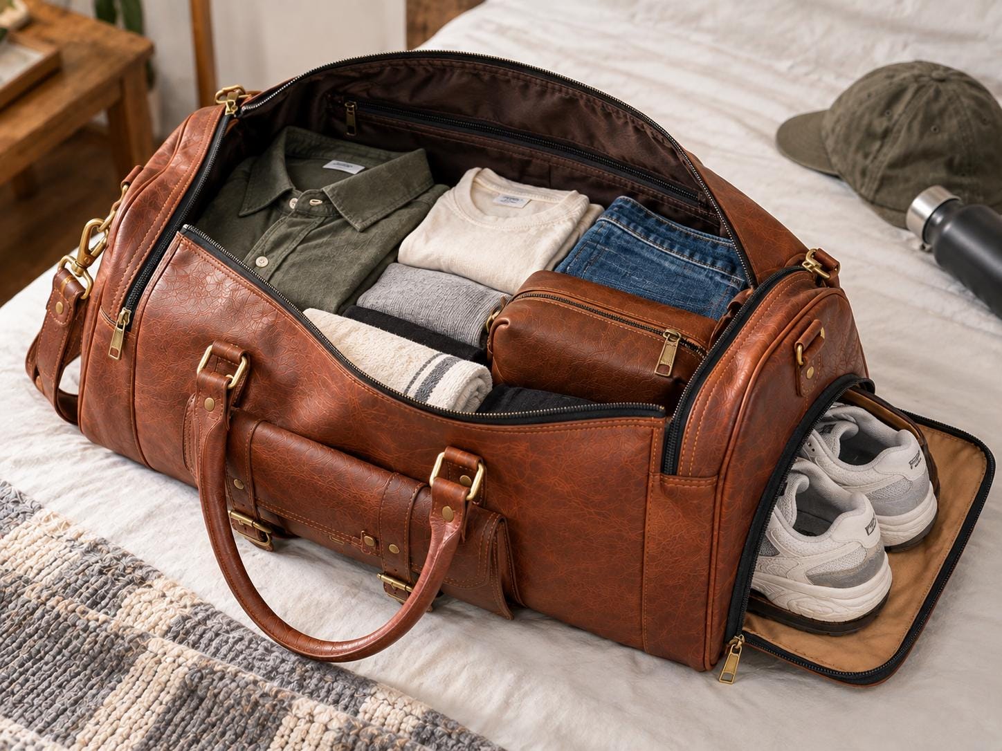 Brown genuine leather duffel bag interior