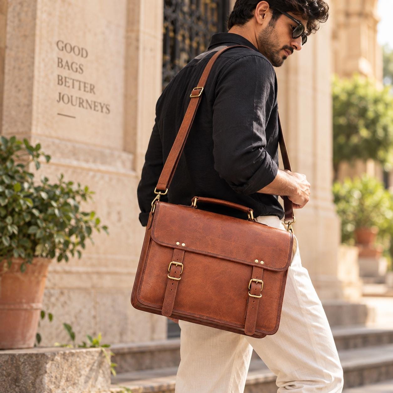 Personalized brown genuine goat leather messenger bag for men women interior