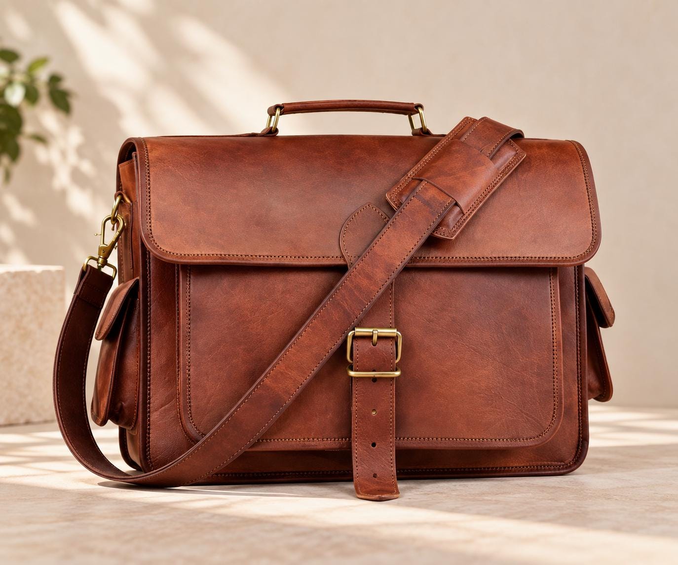 Brown genuine goat leather messenger bag front view