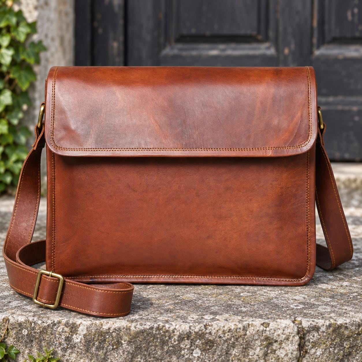 Handcrafted brown leather messenger bag side angle