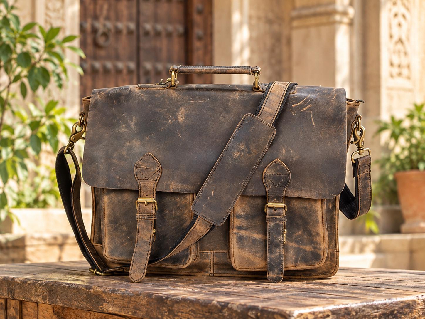 Brown buffalo leather messenger bag front view