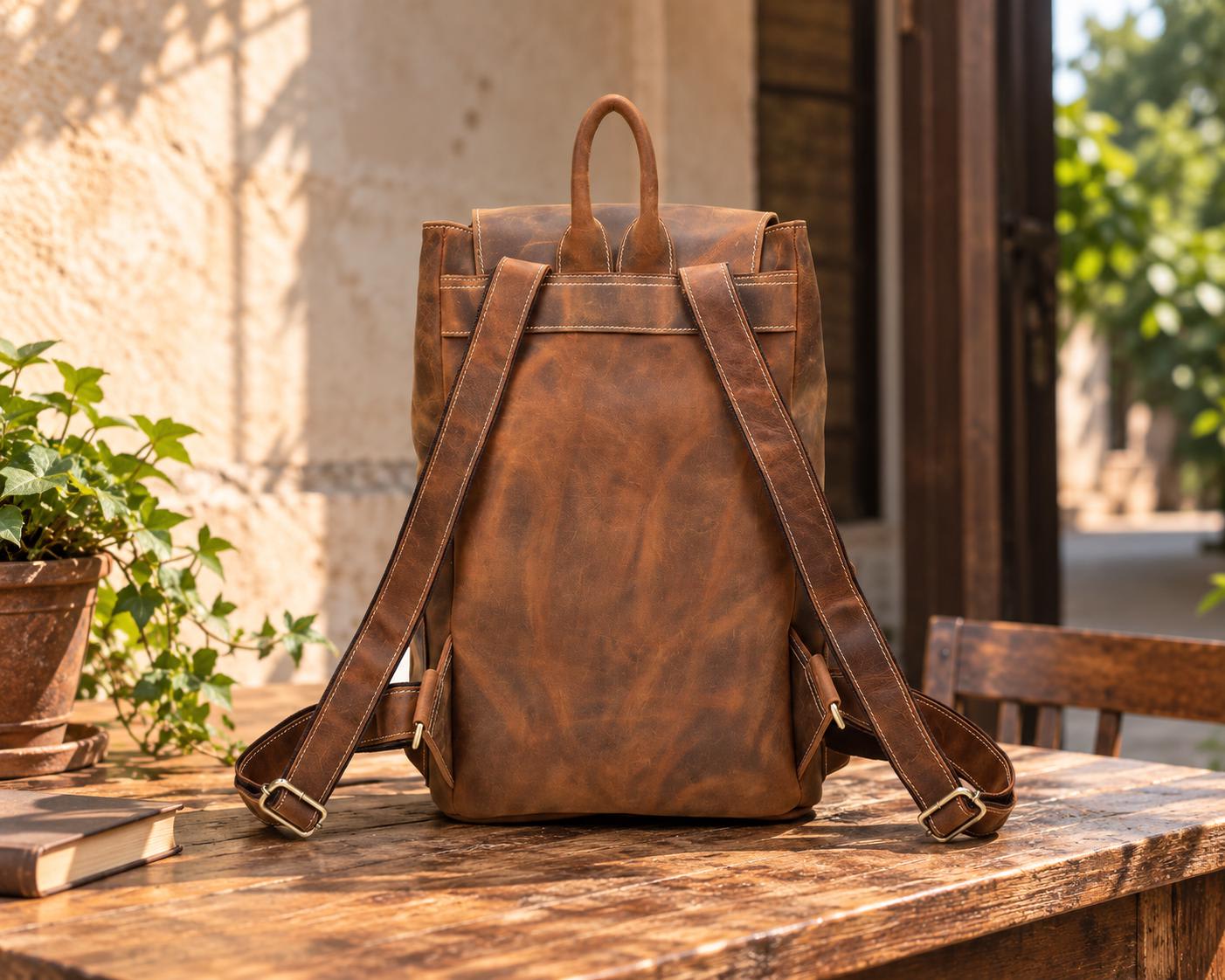 Brown buffalo leather backpack interior