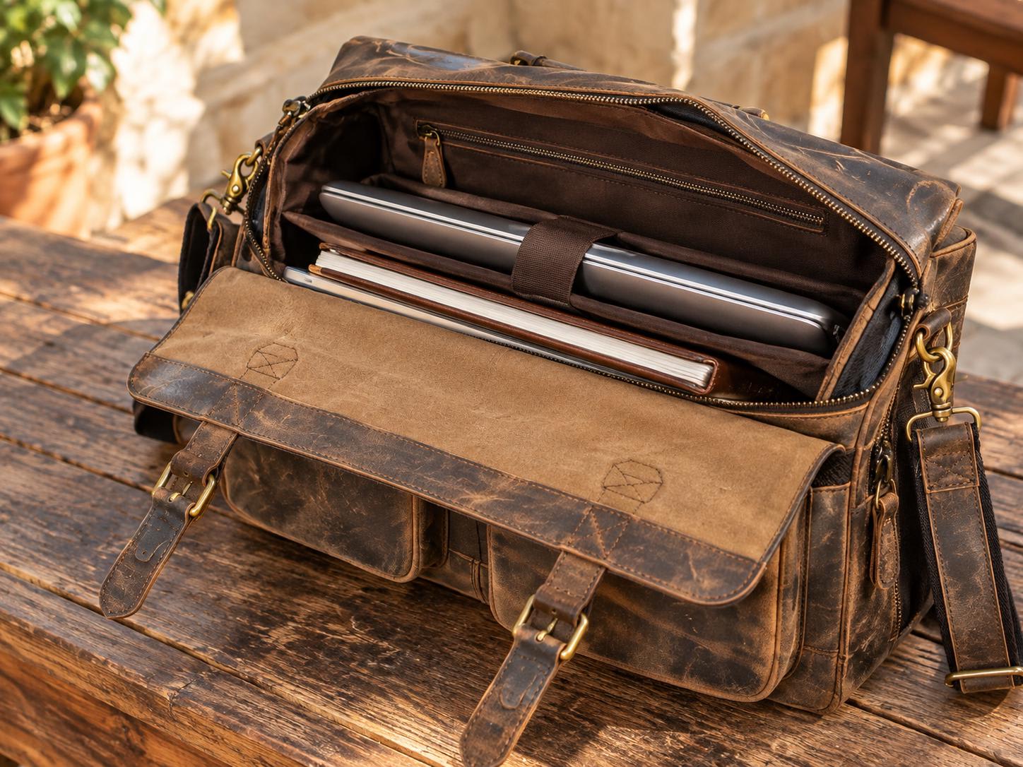 Brown buffalo leather messenger bag lifestyle