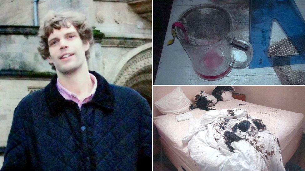 Mark van Dongen prior to the attack (left) and the crime scene after the acid attack (right)
