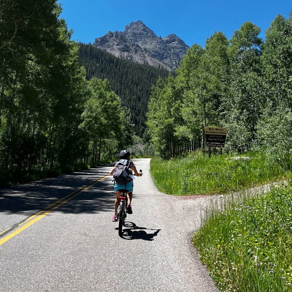 Biking up to the Maroon Bells.