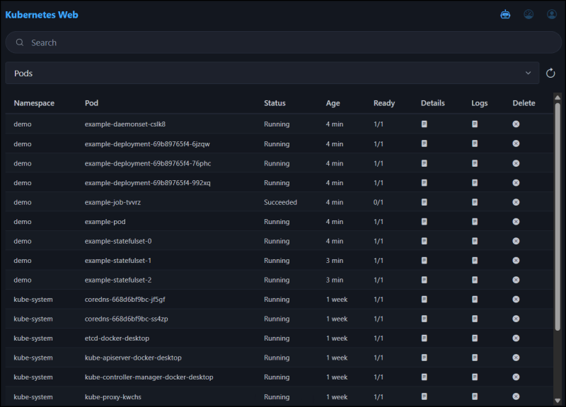 Kubernetes Web LightClient Screenshot