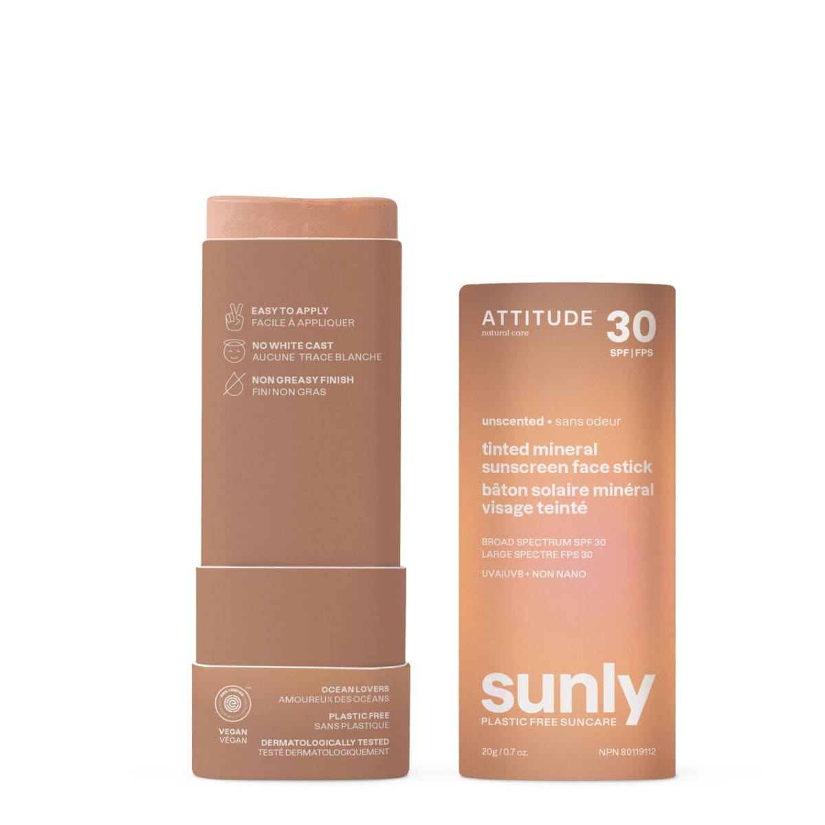 Attitude Sunly Plasticvrije Zonnebrand Stick Gezicht Getint SPF 30 Parfumvrij