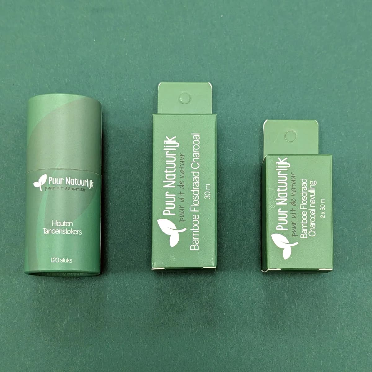 Puur Natuurlijk Houten Tandenstokers & Bamboe Flosdraad Charcoal + Navulling Fluoridevrij (3 x 30m)