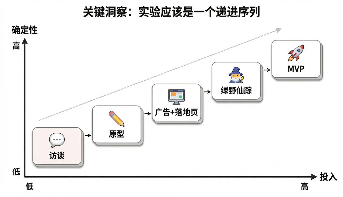 精益实验递进序列：从低成本探索到高投入验证，每一步为下一步买入场券