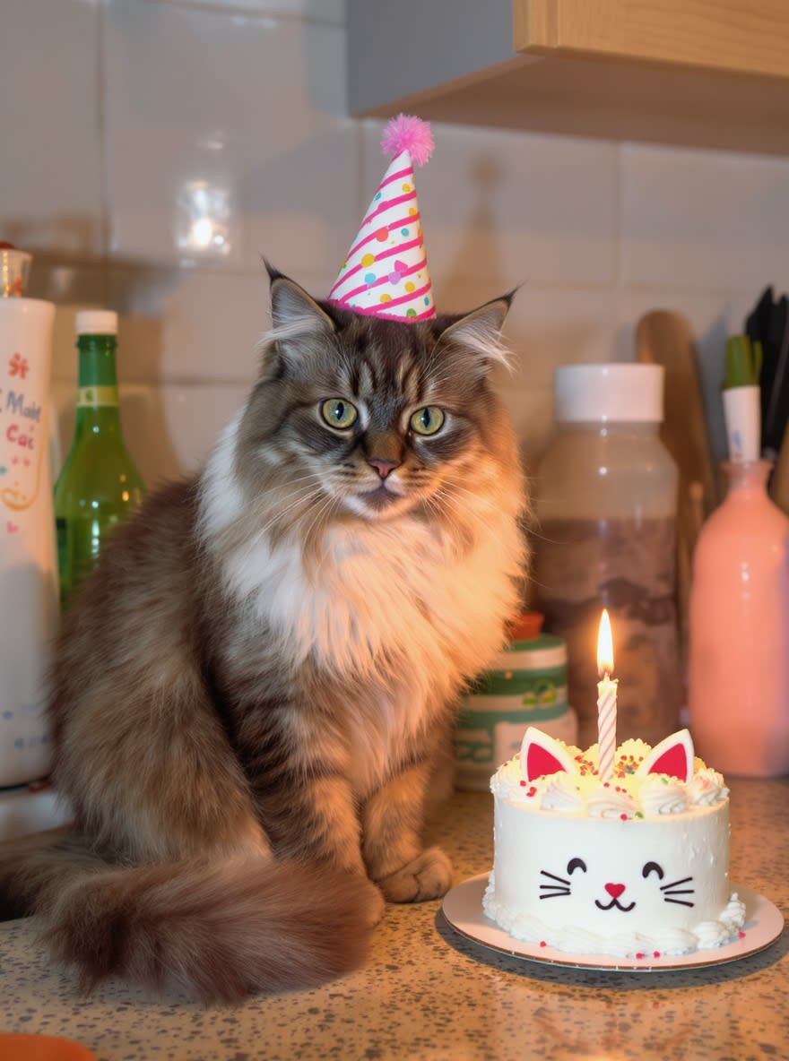 A cat with a party hat beside a small cake
