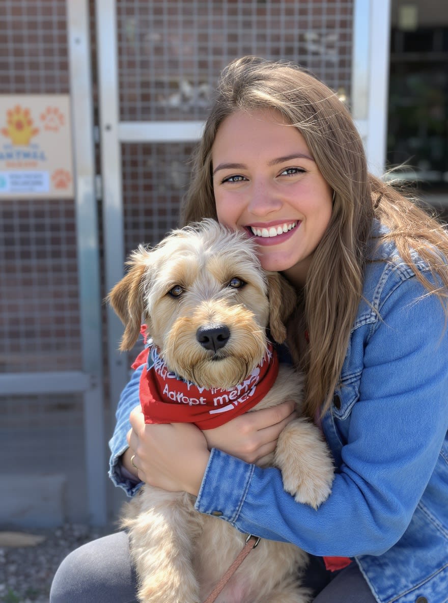 A woman hugging a newly adopted shelter dog