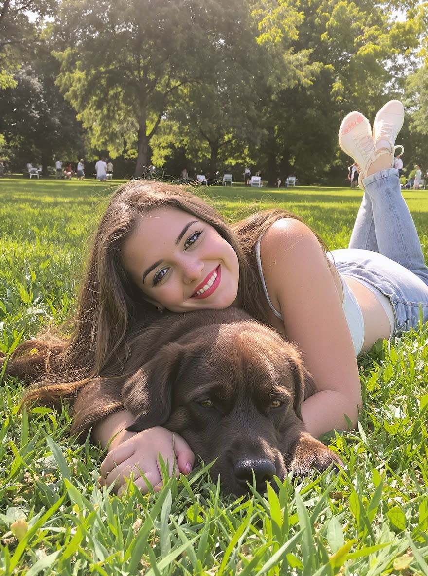 A woman lying in the grass with her Labrador