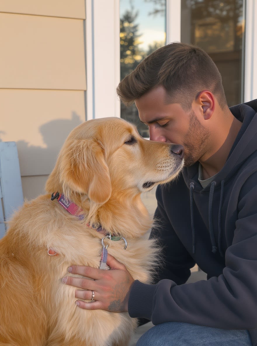 A man resting his forehead against his senior dog