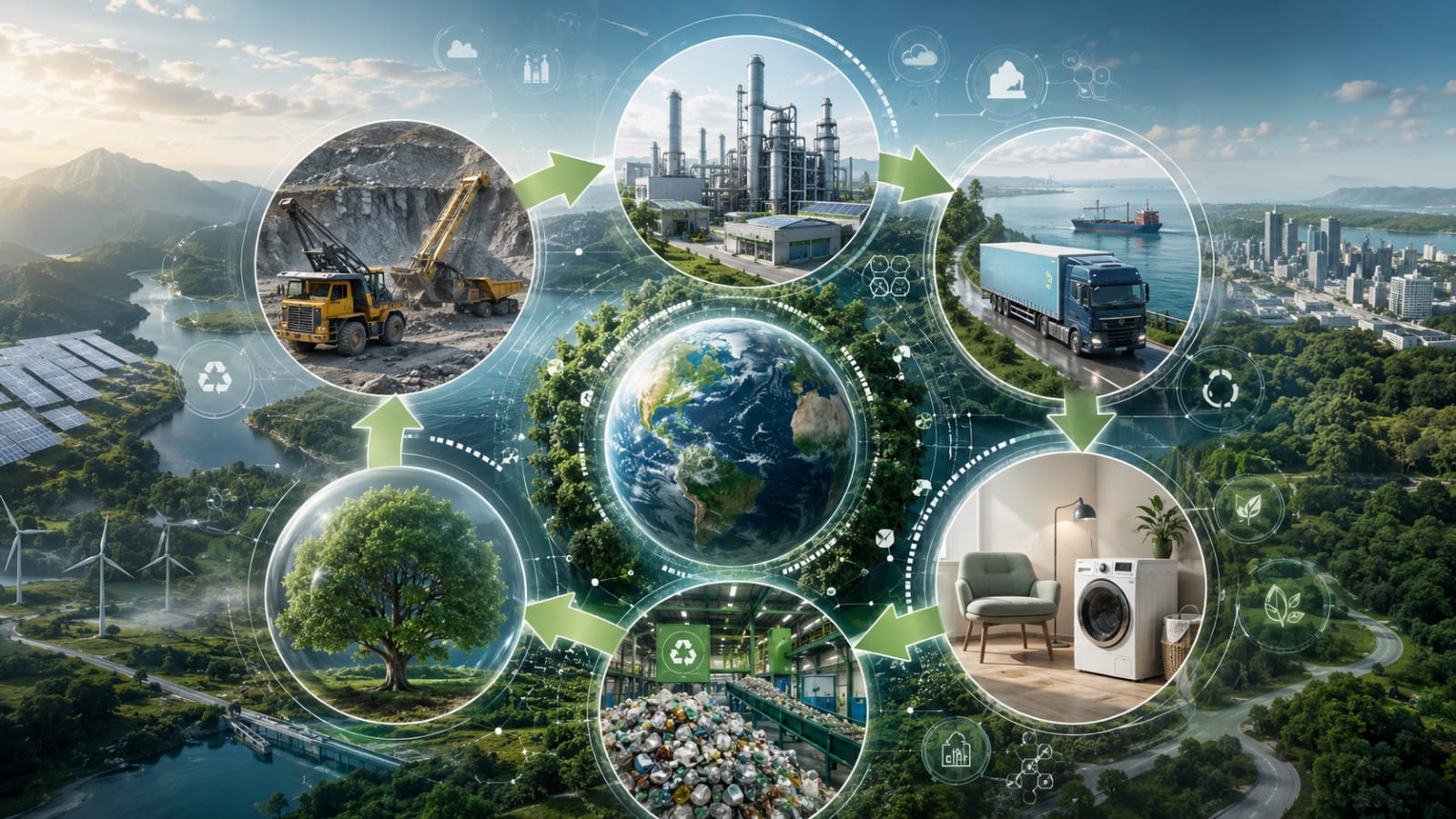 Life cycle assessment visualization with sustainability icons and environmental data analysis