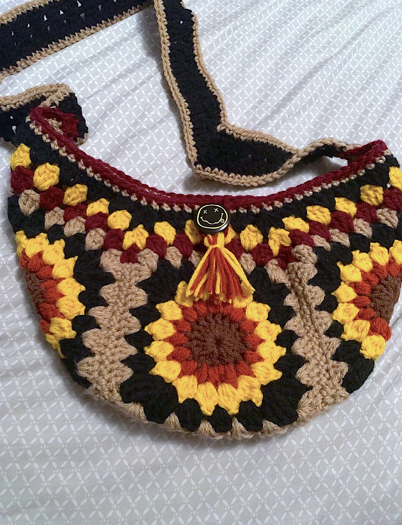 Sunflower granny square shoulder bag with tassel